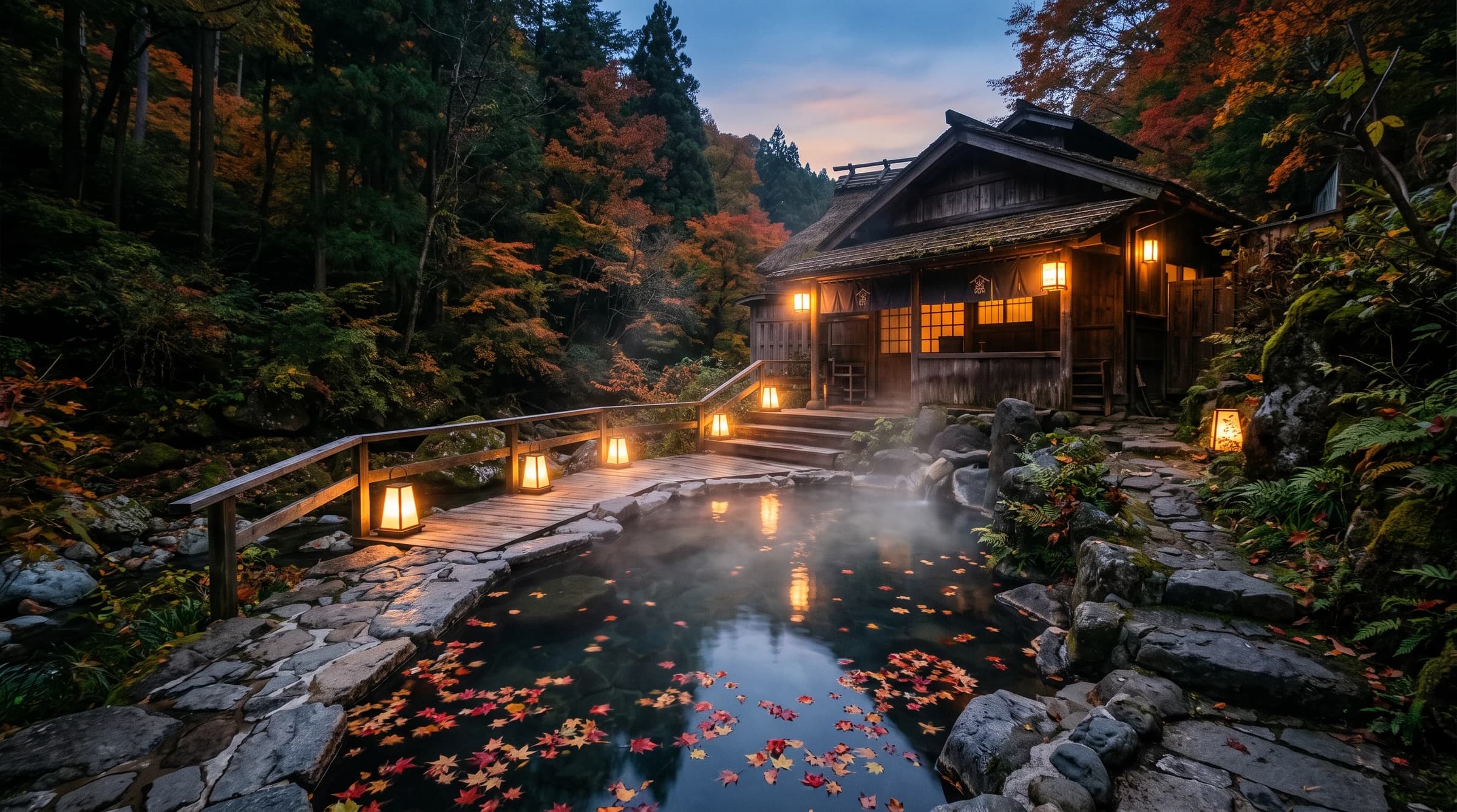 紅葉に包まれた温泉宿の露天風呂